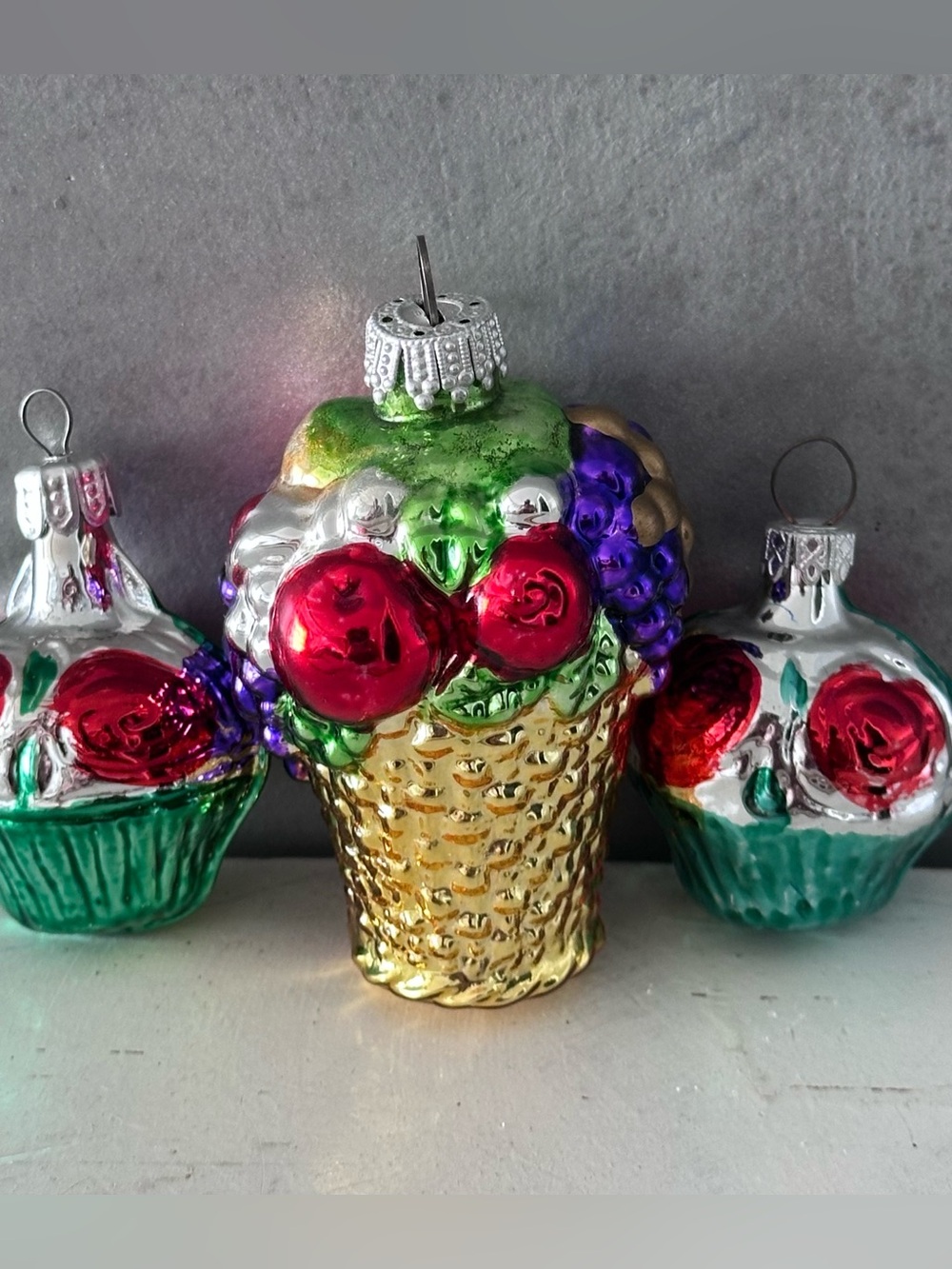 3 Vintage Hand Painted Glass Basket ROSES Fruit Christmas Ornaments GERMANY